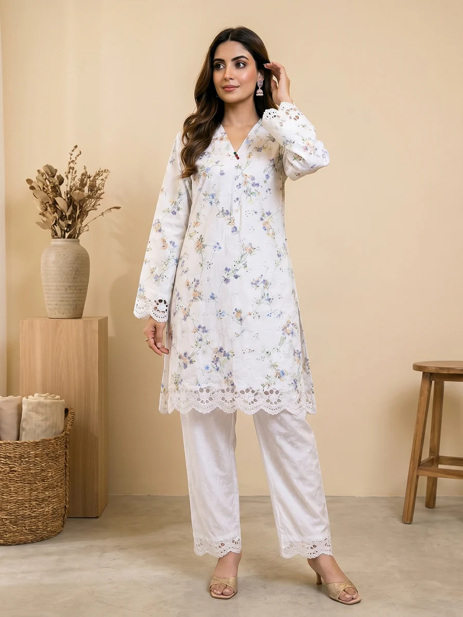 Ivory Meadow Schiffli Lawn Suit – 2 Piece Ready-to-Wear