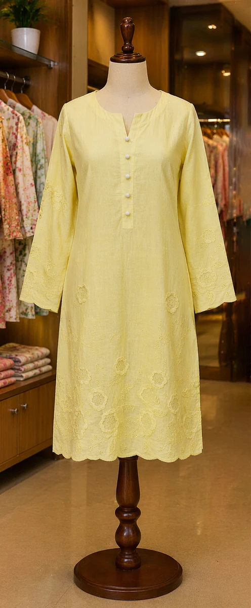 Lemon Yellow Lawn Kurti with Tonal Floral Detail - view 3