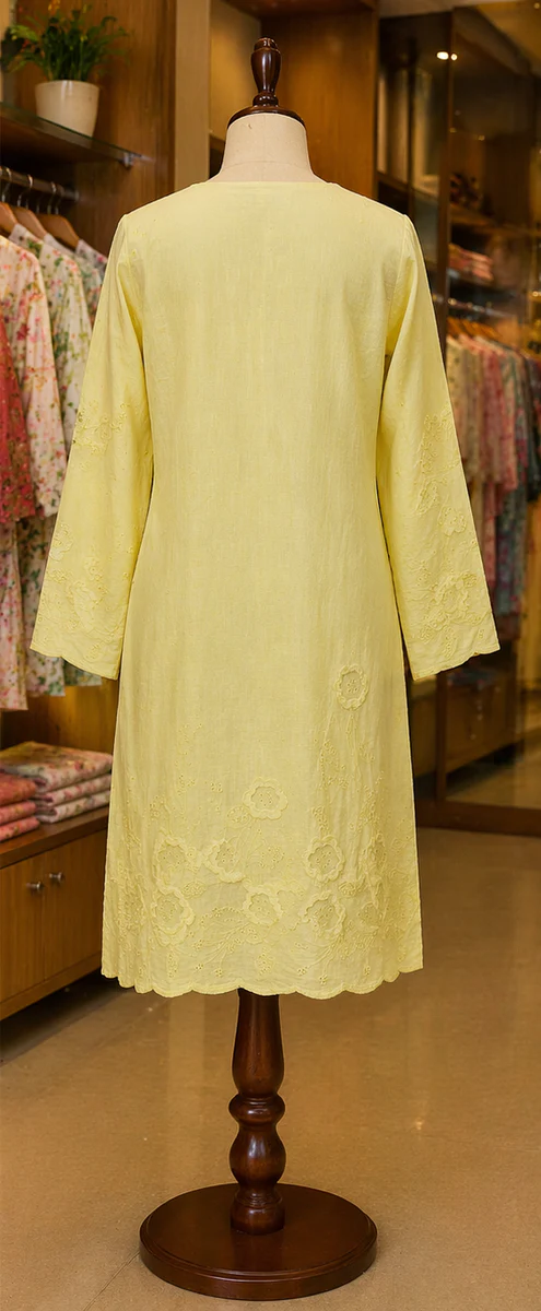 Lemon Yellow Lawn Kurti with Tonal Floral Detail - view 4