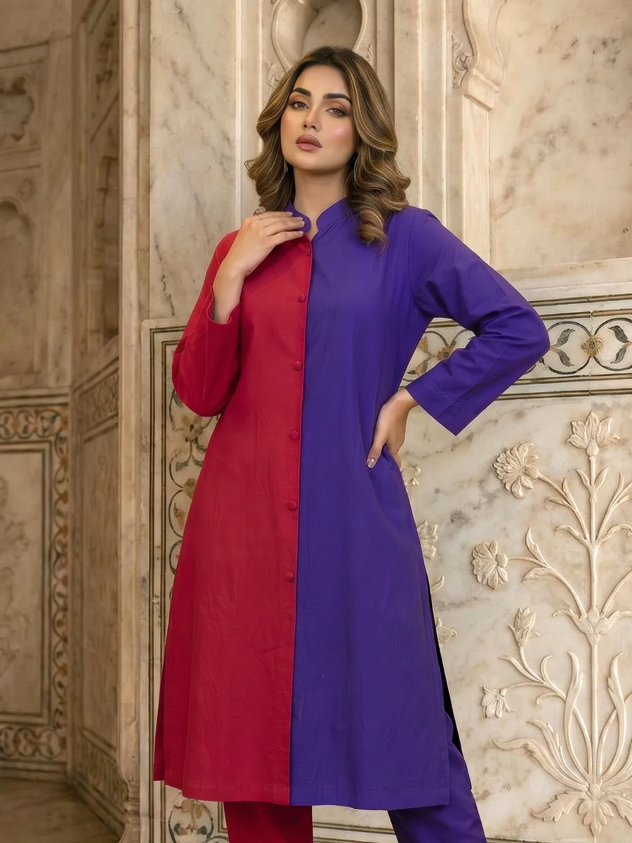 Red &amp;amp; Purple Color Block Lawn Kurti – Bold Everyday Style