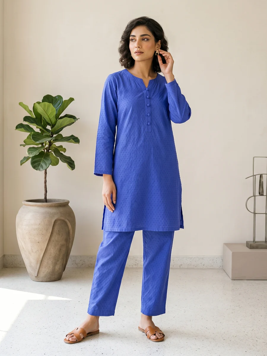 Sapphire Blue Textured Lawn Suit – Ready-to-Wear 2 Piece Set